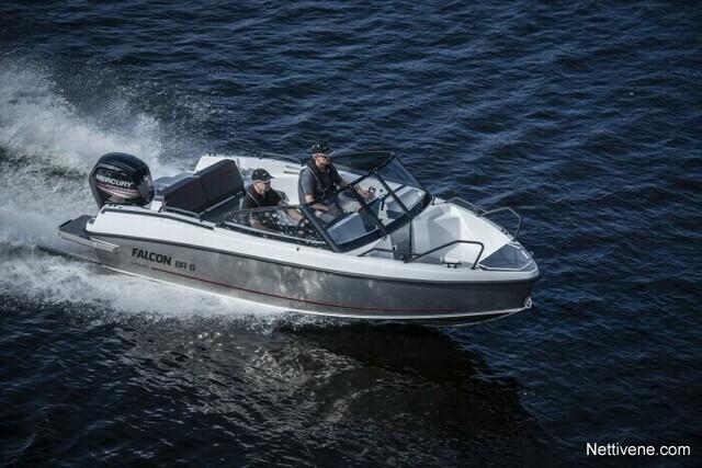 Two men are driving a Falcon boat on calm water, with a Mercury motor, against a dark blue background. Nettivene.com.